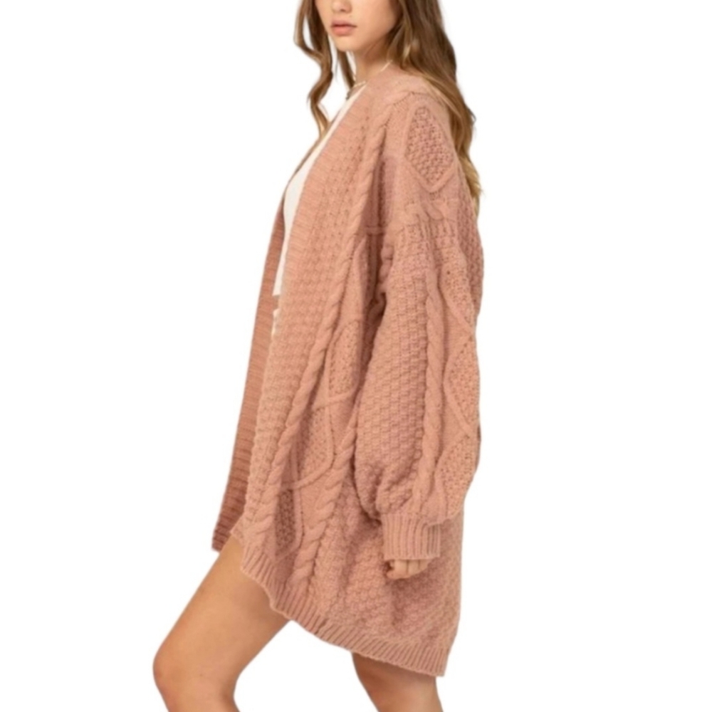 HYFVE campfire cozy cable-knit cardigan sweater in mauve pink large OVERSIZED